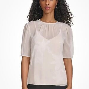 Calvin Klein Cream Sheer Puff Sleeve Blouse‎ size L MISSING under tank top